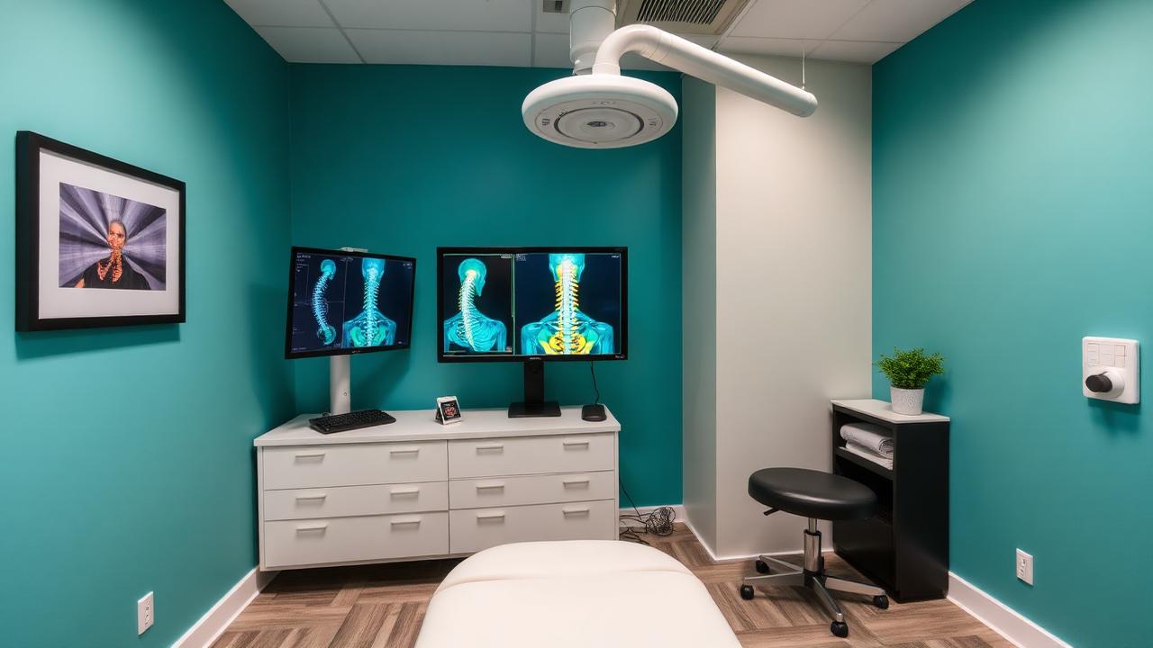 A therapist using a massage gun on a seated woman's upper back in a modern clinic room.