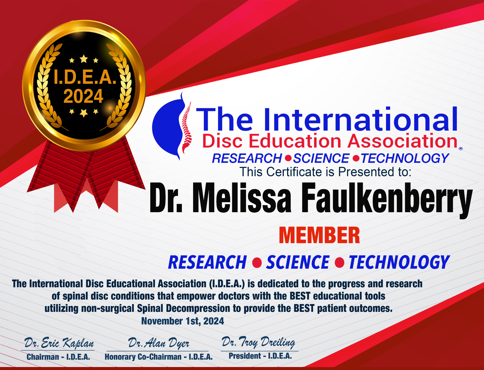 I.D.E.A. 2024 Certificate — Dr. Melissa Faulkenberry, Member — International Disc Education Association