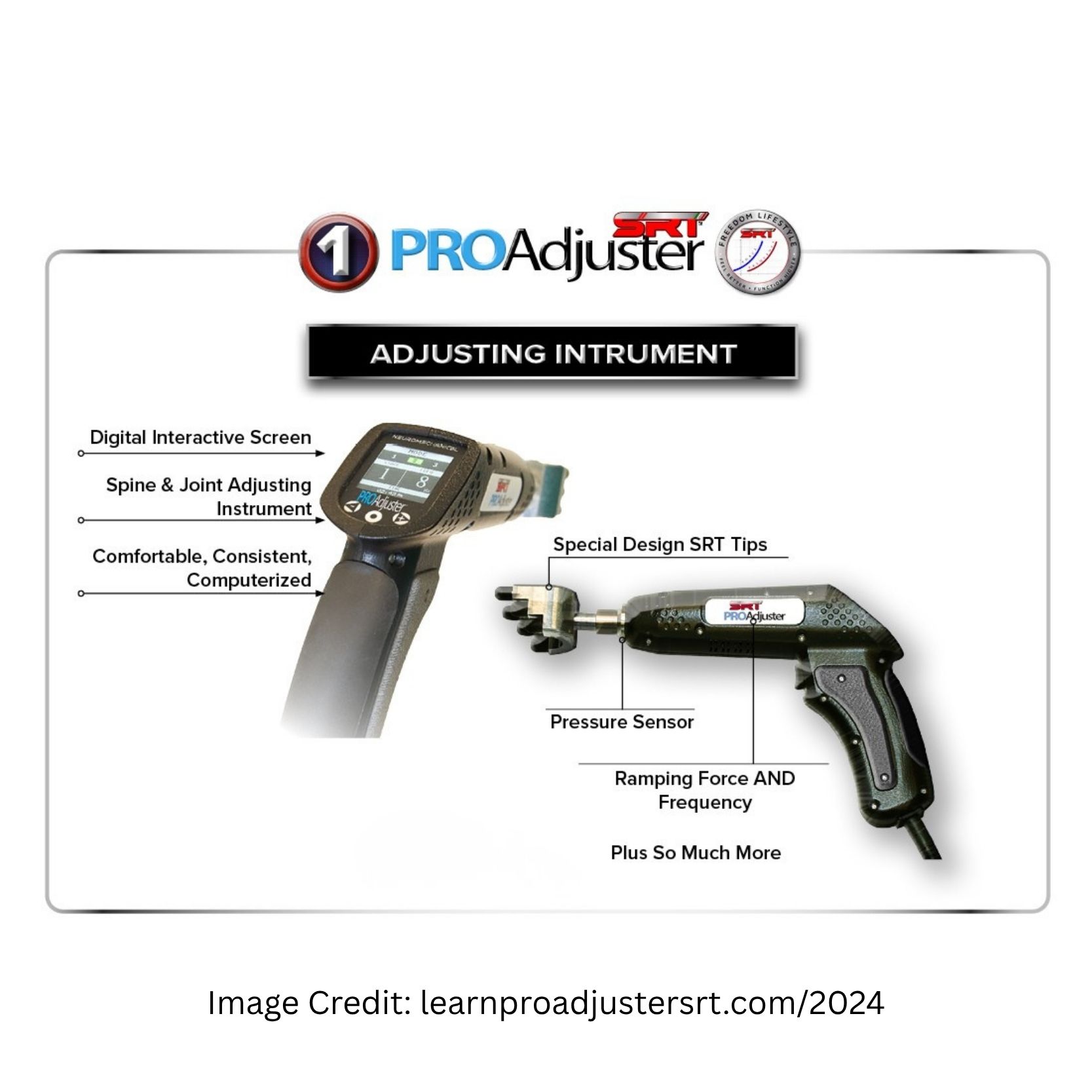 ProAdjuster SRT instrument features: digital interactive screen, pressure sensor, and special design SRT tips