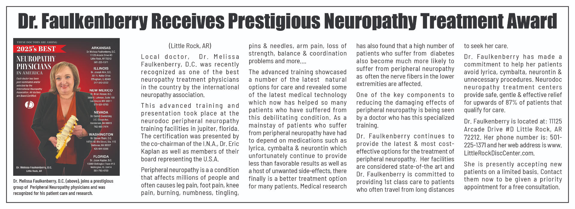Dr. Faulkenberry Receives Prestigious Neuropathy Treatment Award