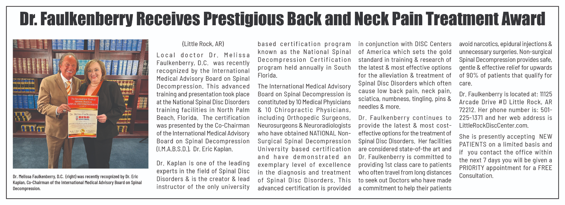 Dr. Faulkenberry Receives Prestigious Back and Neck Pain Treatment Award