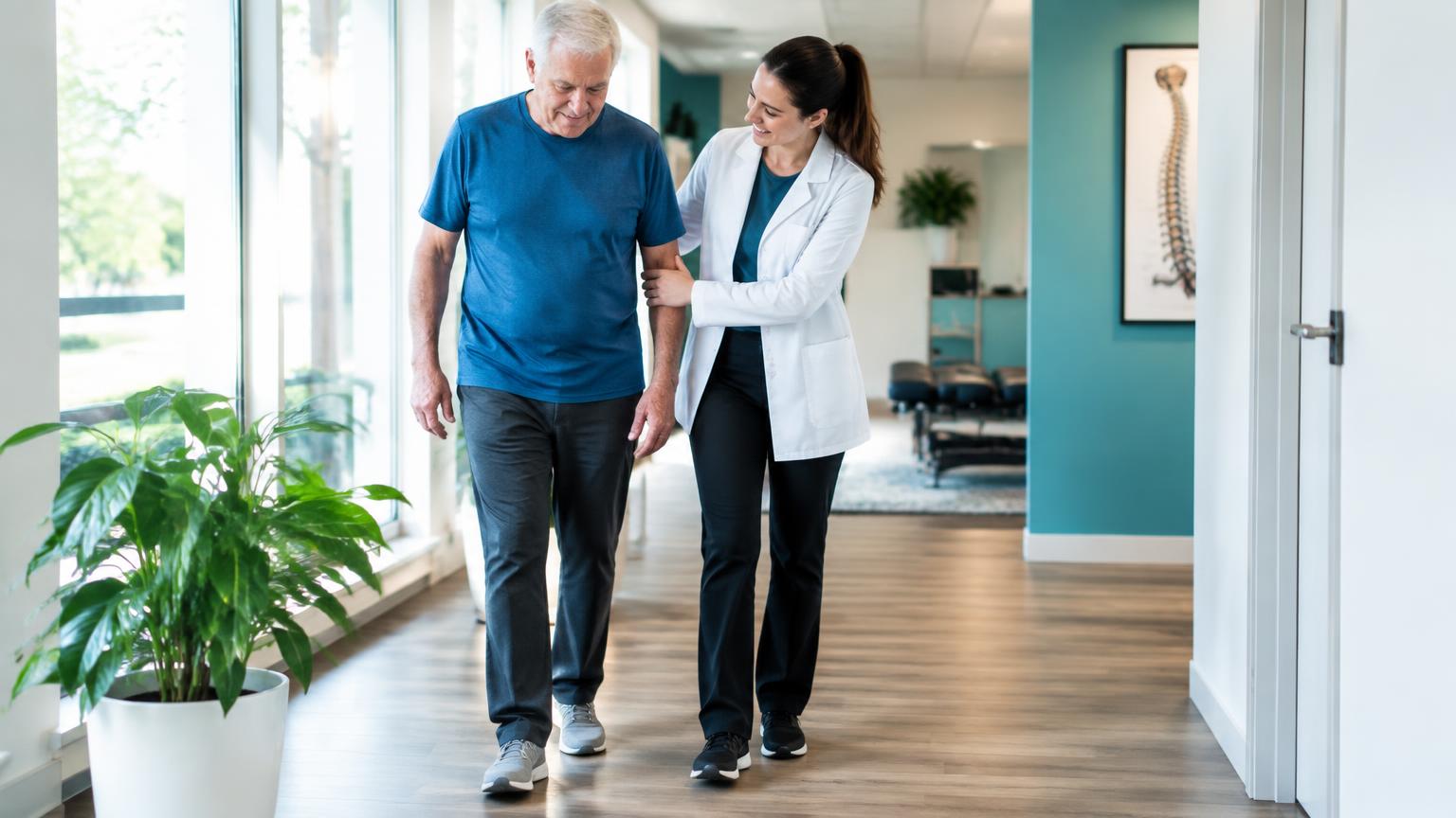 Chiropractor helping an older man walk comfortably in a Little Rock clinic