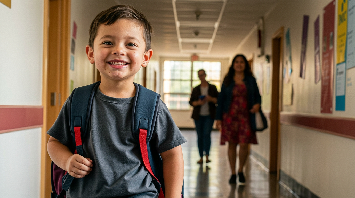 School-age child walking into a bright school hallway wearing a properly fitted backpack with both straps on