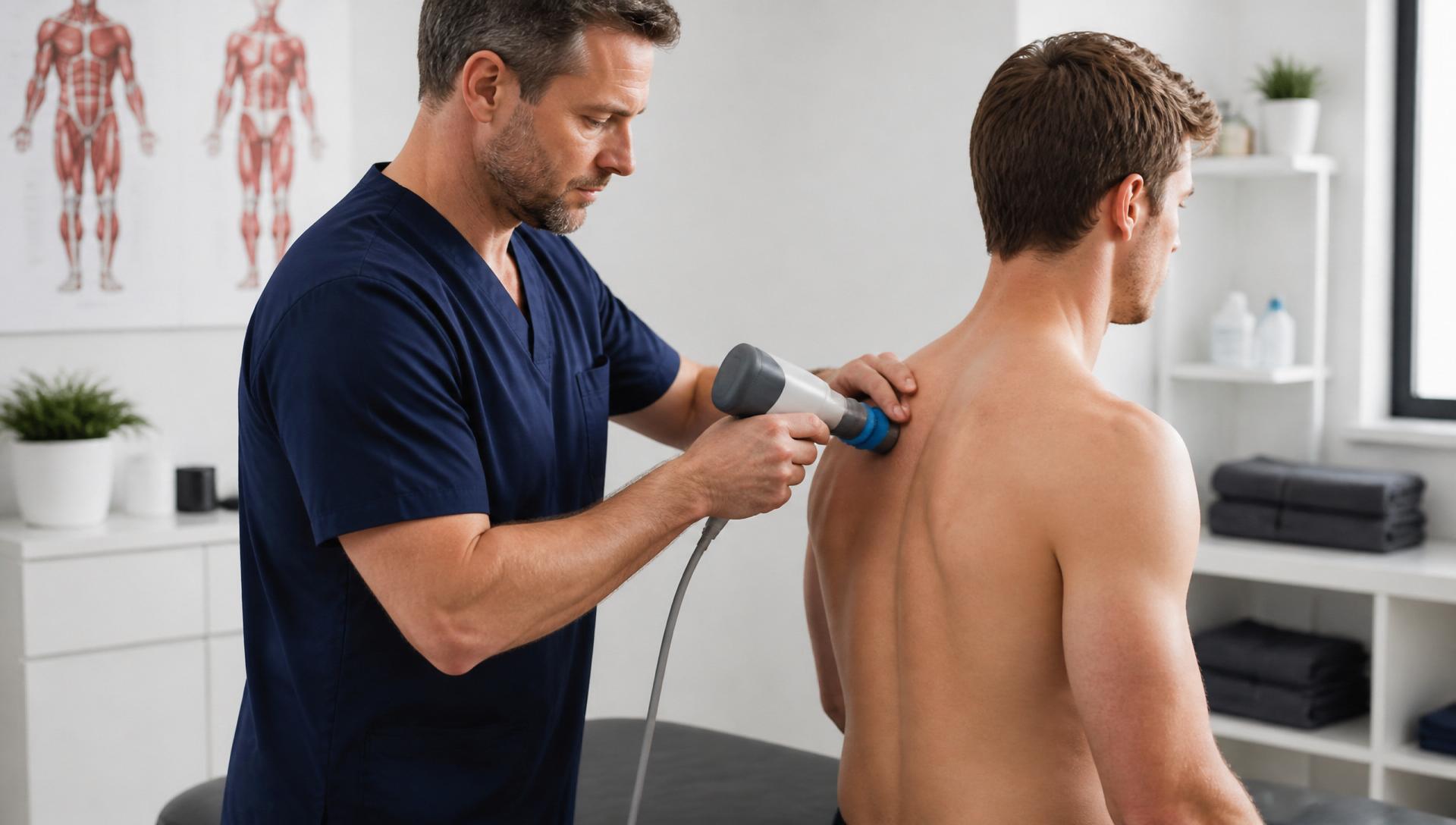 Chiropractor performing shockwave therapy on a patient