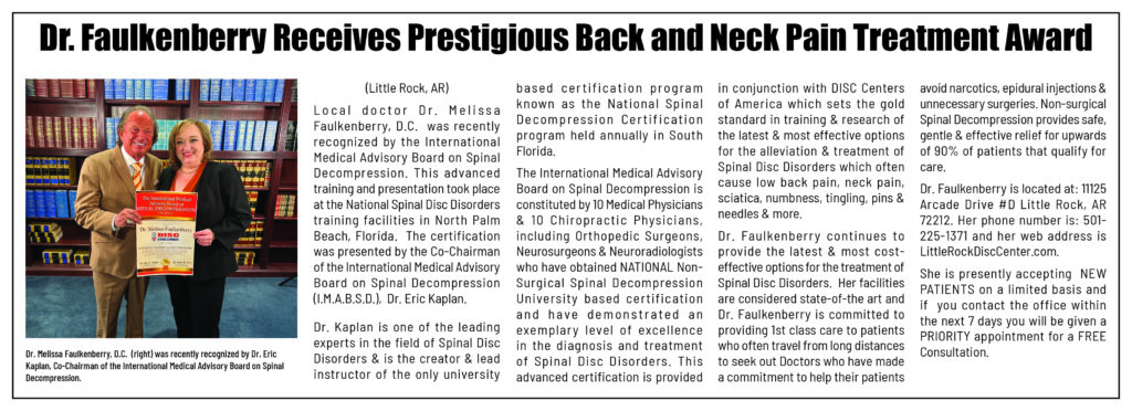Dr. Melissa Faulkenberry receives award for excellence in spinal decompression treatment from Dr. Eric Kaplan in Little Rock, AR.