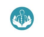 White silhouette of a person with a visible spine is cupped by two hands, set against a teal circle. Represents support and spinal care.