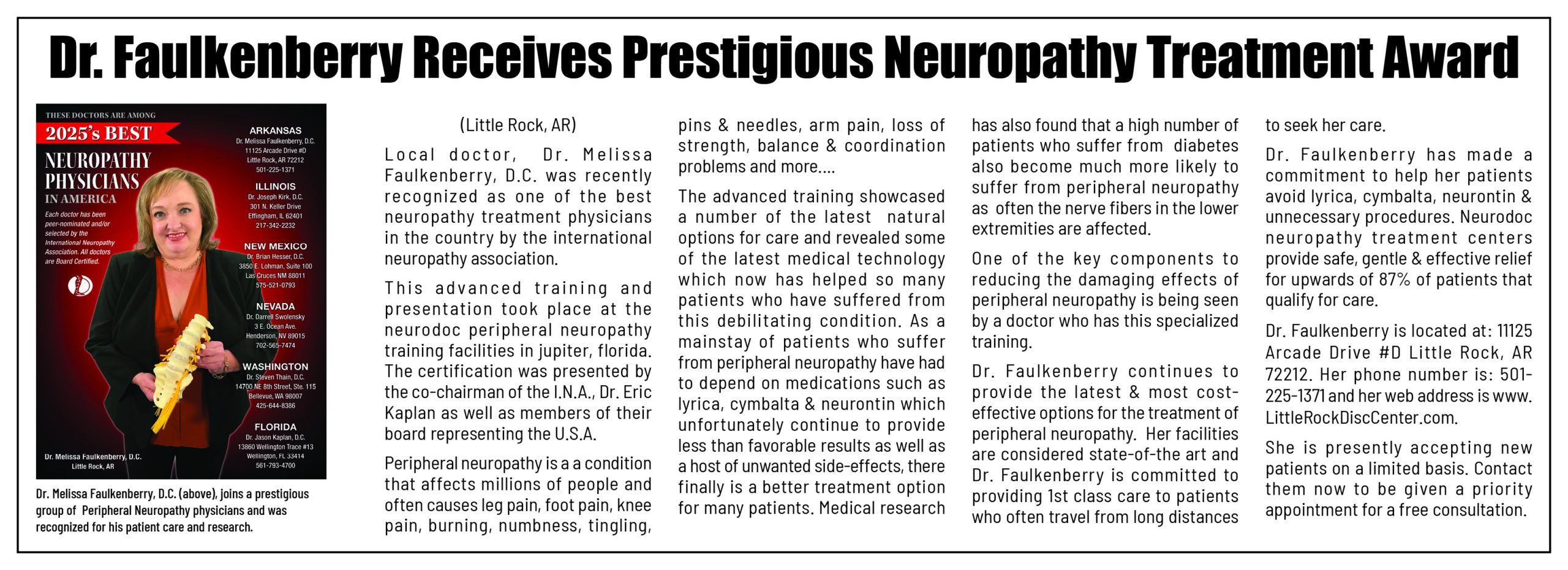 Dr. Melissa Faulkenberry receives award for excellence in neuropathy treatment, recognized for her patient care and research contributions.