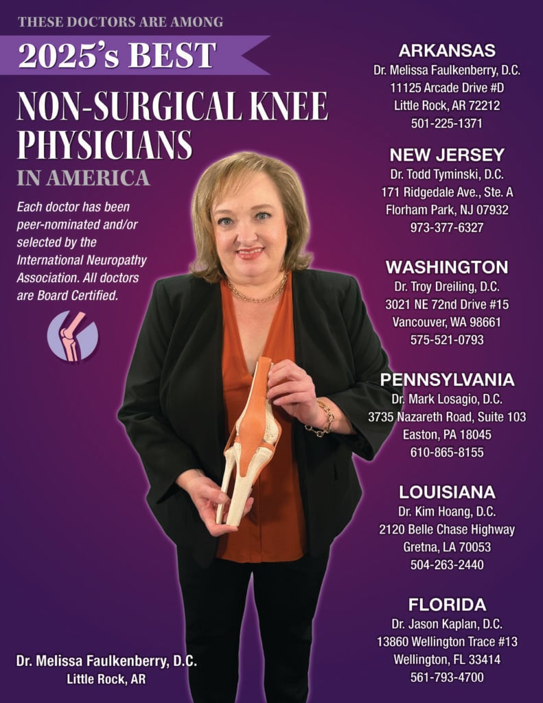 Promotional flyer titled "2025's Best Non-Surgical Knee Physicians in America." Dr. Melissa Faulkenberry is shown holding a knee joint model. The flyer lists names and contact details for doctors in Arkansas, New Jersey, Washington, Pennsylvania, Louisiana, and Florida.