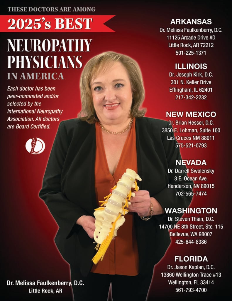 Dr. Melissa Faulenberry, a top neuropathy physician, holds a spine model, highlighting her expertise in neuropathy treatment.